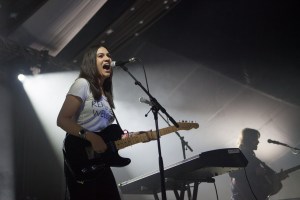 Nadine Shahwears a Refugees Welcome t-shirt during her performance at the End Of The Road Festival, Larmer Tree Gardens, Salisbury, 4th September 2015End Of The Road Festival, Larmer Tree Gardens, Salisbury, 4th September 2015